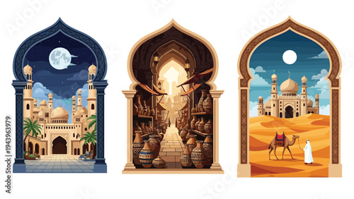 Three triptych scenes through Islamic arches showing a traditional city market and desert with camel at night and day.