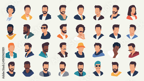 Large grid of diverse male avatars featuring different ethnicities, hairstyles, facial hair, and modern clothing styles.