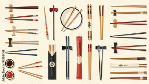 Large collection of different styles of chopsticks, decorative rests, and sauce bowls shown on a cream background.
