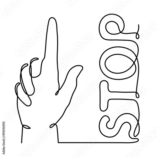 Stop hand sign, hand-drawn attention warning danger signal, prohibition hand palm message symbol, no don't continuous drawing contour gesture outline. Editable stroke. Isolated. Vector illustration