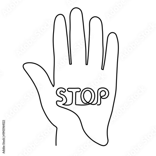 Stop hand sign, hand-drawn attention warning danger signal, prohibition hand palm message symbol, no don't continuous drawing contour gesture outline. Editable stroke. Isolated. Vector illustration