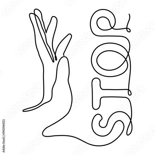 Stop hand sign, hand-drawn attention warning danger signal, prohibition hand palm message symbol, no don't continuous drawing contour gesture outline. Editable stroke. Isolated. Vector illustration