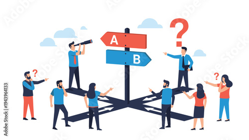 Group of confused people at a crossroad sign with options A and B looking for the right direction and choice.