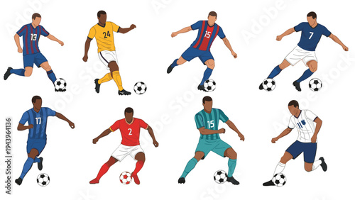 Set of diverse male soccer players in various action poses like kicking, running, and dribbling the ball on a white background.