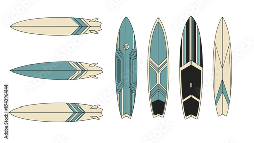 Various modern designs of surfboards shown from different angles and orientations against a plain white background.