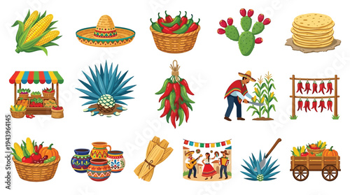 A vibrant collection of Mexican cultural icons, including food, plants, and traditional elements, presented in a colorful illustration.
