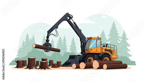 Modern forestry harvester machine processing logs in a cleared forest area with cut tree stumps in the background.
