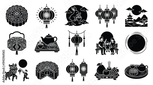 A collection of black and white illustrations depicting traditional Chinese Mid-Autumn Festival symbols and activities, including mooncakes, lanterns, tea sets, and family gatherings.