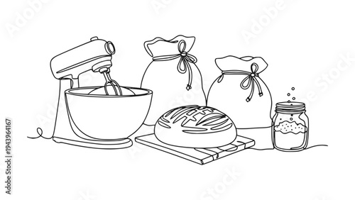 Sourdough Bread Making and Baking Ingredients Vector Illustration, Stand Mixer and Flour Sack Continuous Line Art Drawing, Hand Drawn Style Minimalist Artisan Bakery, Sourdough Starter
