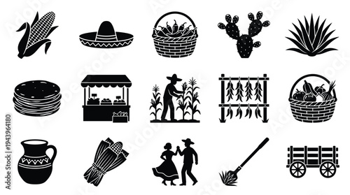 Collection of Mexican cultural icons including corn, sombrero, cactus, and traditional farming scenes.