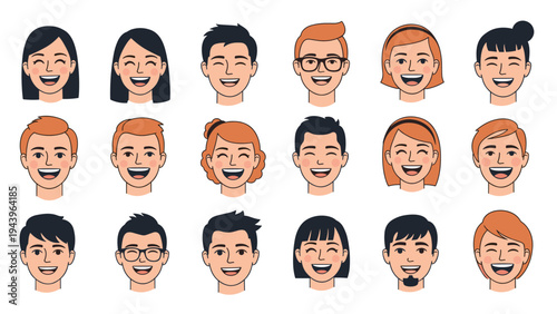Grid of diverse smiling faces of men and women representing happiness, joy, and unity in a modern community.
