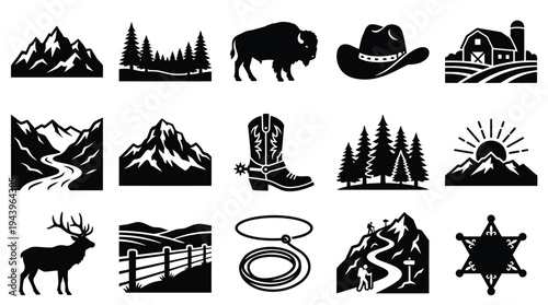 Collection of Western-themed silhouette icons including mountains, forests, wildlife, cowboy gear, and rural scenes.