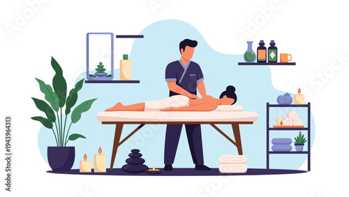 Male massage therapist treating a female client in a professional wellness spa center with candles and therapeutic stones.