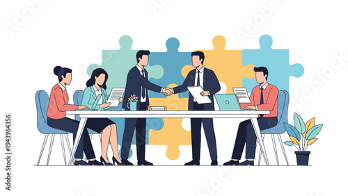 Business people shaking hands at a meeting table with puzzle pieces in the background signifying teamwork and successful merger.