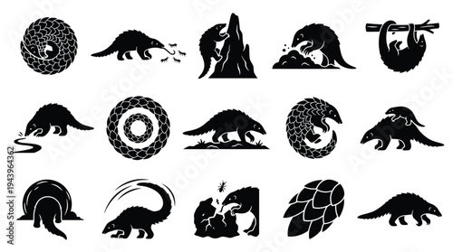 Collection of Silhouettes Illustrating Pangolins in Various Poses and Environments, Showcasing Their Unique Anatomy and Behaviors.