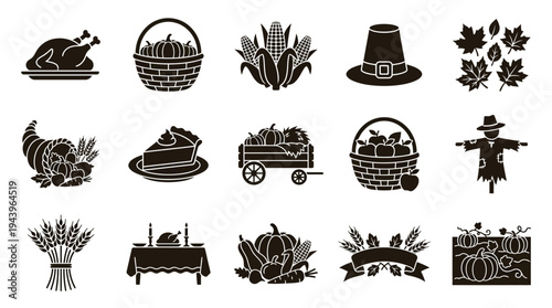 A collection of black and white Thanksgiving-themed icons, including a turkey, pie, pumpkins, and a scarecrow, arranged in a grid.