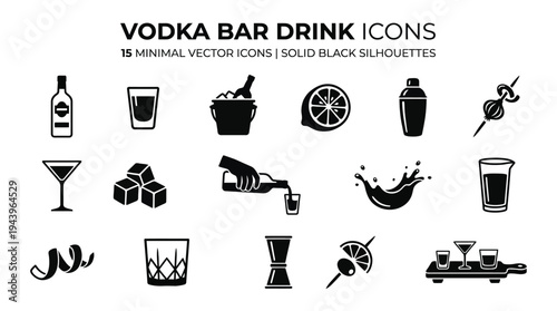 Collection of 16 minimalist vector icons representing various vodka bar drinks and related elements in solid black silhouettes.