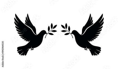 Two black silhouette hummingbirds facing each other with flowers