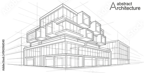 Dynamic corner perspective of a modern modular apartment building featuring stacked geometric units, cantilevered balconies, and glass facades.