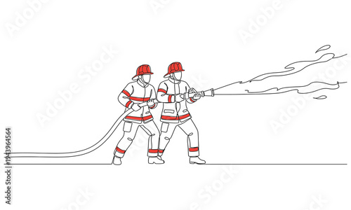 One continuous line drawing vector illustration of fireman two Fireman with hose in red helmets. 
