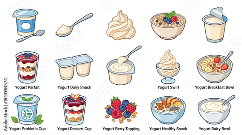 A vibrant collection of various yogurt-based dishes and products, showcasing different serving styles and ingredients.
