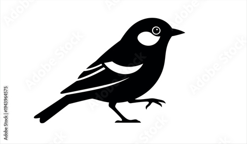 A black and white illustration of a small bird with distinctive markings on its face and wings in profile view