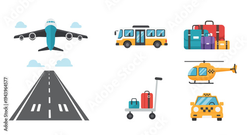 Vector illustration of various transportation modes and luggage on a white background, including an airplane, bus, helicopter, taxi, and travel suitcases.
