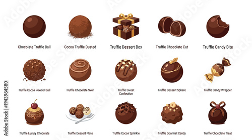 A collection of 15 different types of chocolate truffles, presented in a grid format with individual labels.