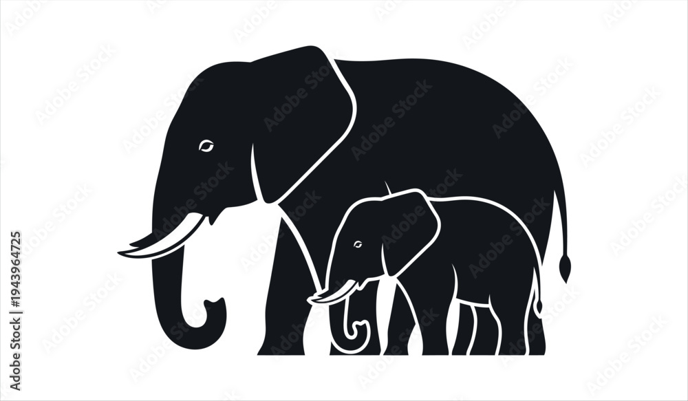 Fototapeta premium A black silhouette of a mother elephant and her calf standing together in a simple yet elegant illustration style