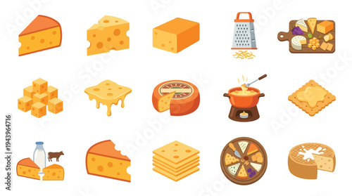 A vibrant collection of various cheese types and cheese-related items, showcasing different forms and preparations.