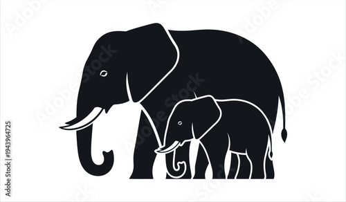 A black silhouette of a mother elephant and her calf standing together in a simple yet elegant illustration style