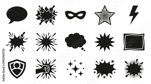 A collection of black and white comic book style graphic elements including speech bubbles, explosions, a mask, a star, a lightning bolt, a shield, a fist, and sparkles.