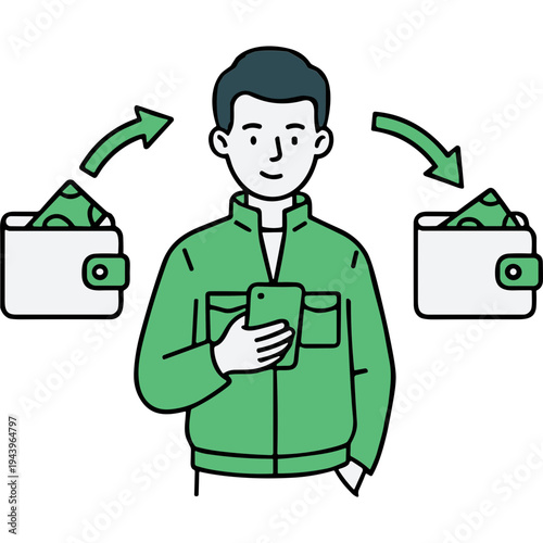 A man in a green jacket transfers money between wallets using his smartphone.