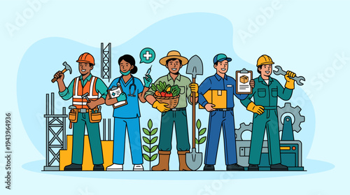 Construction workers team building industry labor profession illustration