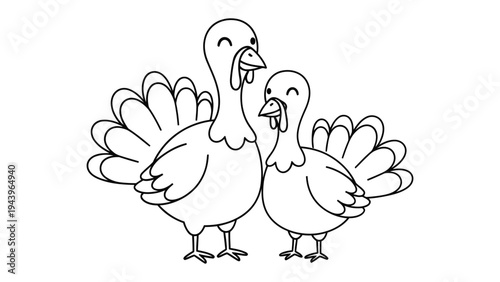Turkey Duo: A charming cartoon depiction of two turkeys, celebrating companionship with their elegant fan-like tail feathers and endearing facial expressions.