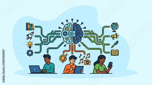 Digital technology network connecting people with artificial intelligence concept