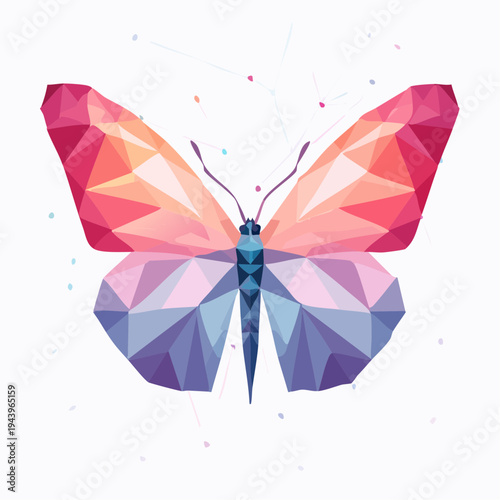 Geometric low-poly butterfly illustration with vibrant color gradient and abstract dots