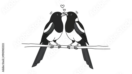 Avian Romance: Two magpies, perched on a slender branch, share an intimate moment of affection, surrounded by floating hearts, evoking a sense of tender connection and the simple joys of love.