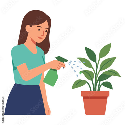 Woman spraying water on a potted plant with green leaves indoors
