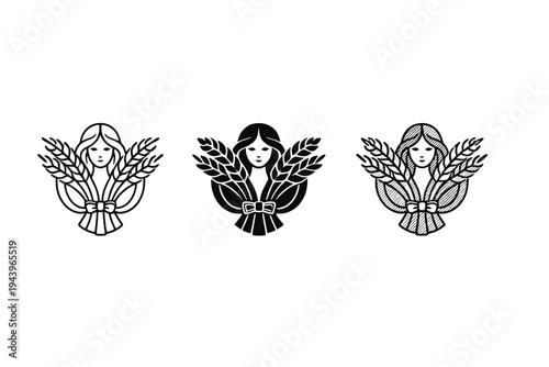Three stylized feminine emblems with wheat sheaves and ribbon bows, shown as line art, solid silhouette, and geometric hatch patterns on white
