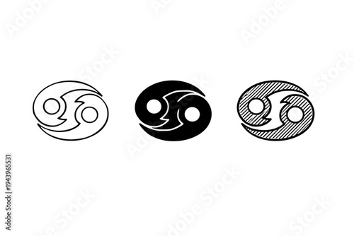 Three stylized oval emblems showing abstract twin circles and flowing curves, presented as outline, solid silhouette, and hatched vector design variants