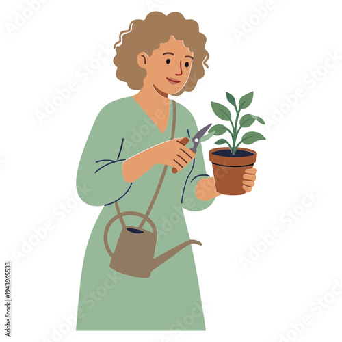 Woman holding potted plant and pruning shears in garden