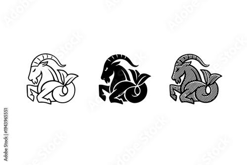Three stylized goat mascot logo variations in black and white, featuring horned goat silhouette with circular element and line-art shading