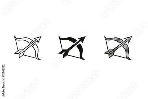 Set of three minimalist bow and arrow icons in outline and solid styles, archer symbol vector illustration on a clean white background