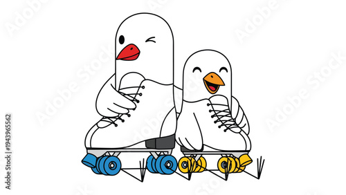 Pair of Animated Birds on Roller Skates: Two cute animated birds, one winking mischievously, the other beaming with delight, ready to glide on roller skates, celebrating the joy of childhood.