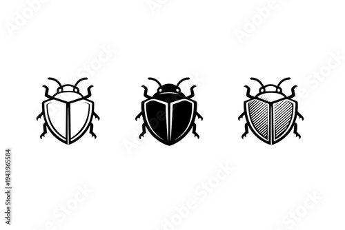 Three minimalist shielded beetle icons in contrasting black and white, featuring line-art insect silhouettes with segmented wings on a dark background