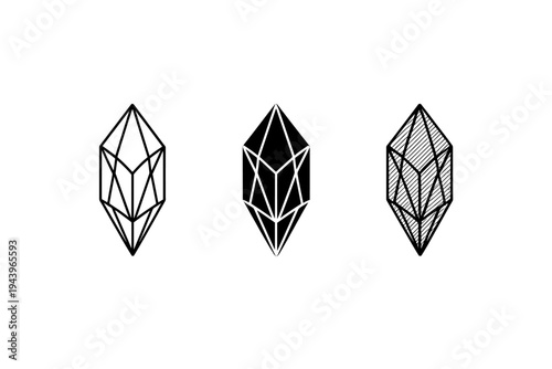 Three geometric crystal emblems in black and white, featuring wireframe polygon outlines with glowing center icon on a dark gradient background