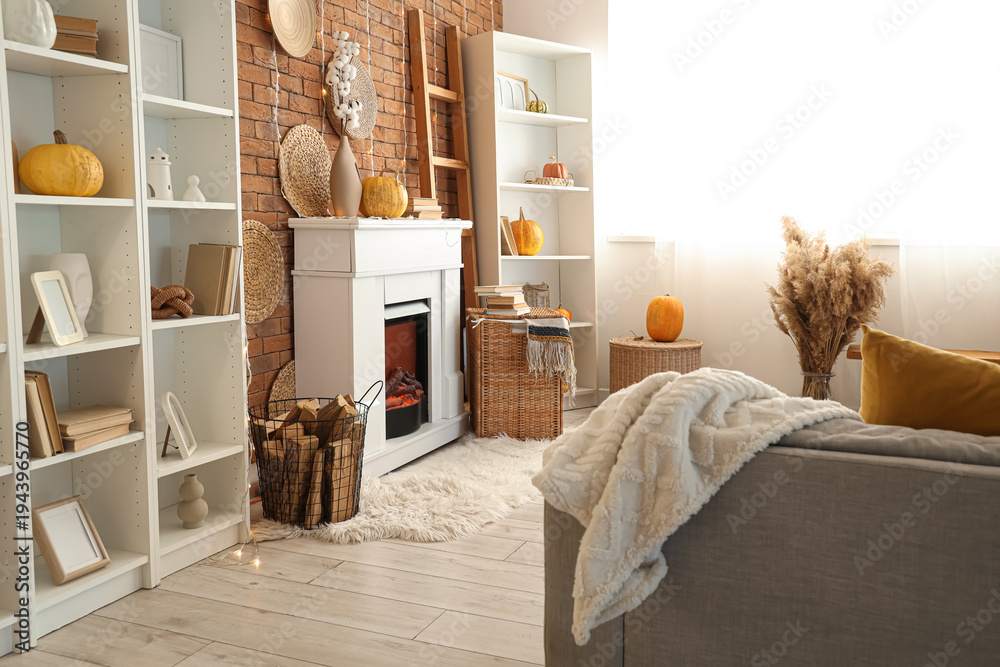 Fototapeta premium Interior of living room with armchair, wicker basket, shelving units and autumn home decor on fireplace near brick wall
