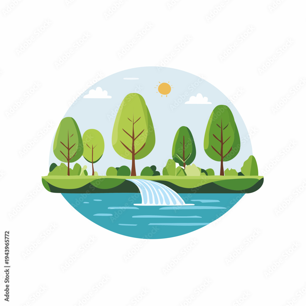 Fototapeta premium Vibrant illustration of a waterfall flowing into a serene lake surrounded by lush green trees and sunny skies