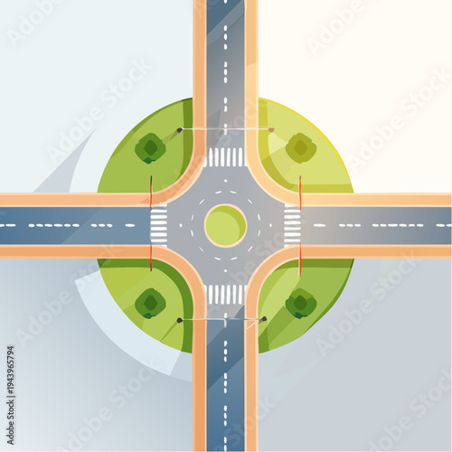 Top-down view of a modern roundabout intersection with green spaces and pedestrian crossings